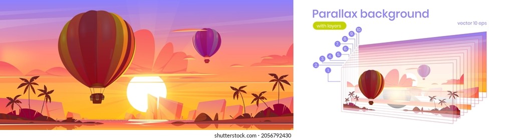 Parallax background hot air balloons flying in dusk sky above tropical island with palms in ocean. Scenery nature summer landscape with separated layers for game animation, Cartoon 2d vector scene