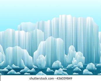 Parallax background of icebergs and sea. Vector illustration. Arctic or antarctic landscape.