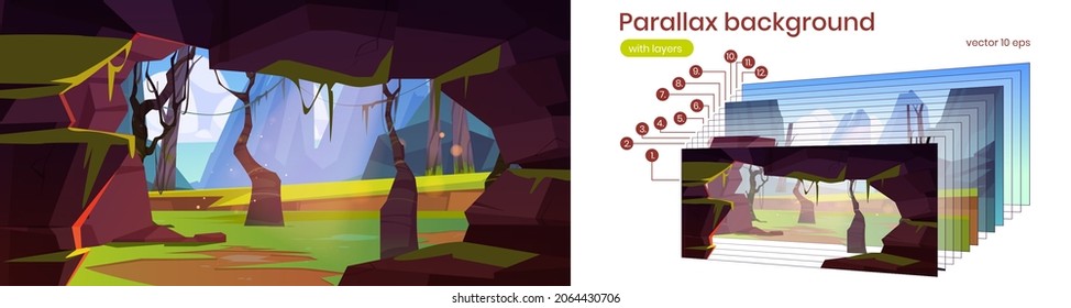 Parallax background jungle cave entrance, hole in rock with green trees and lianas 2d nature landscape. Cartoon underground tunnel scenery view with separated layers for game scene Vector illustration