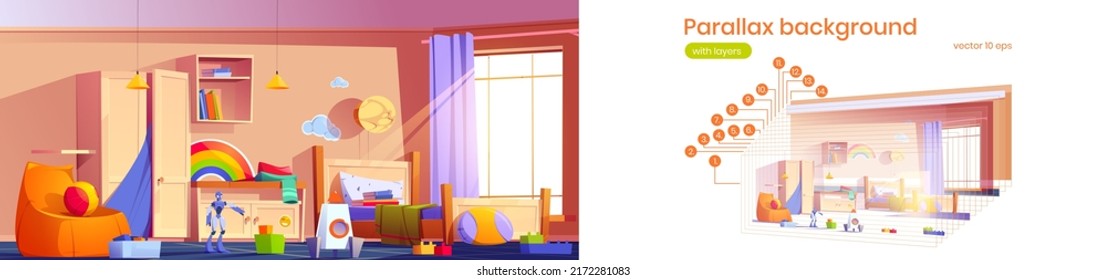 Parallax background kids bedroom for 2d game animation. Child room indoors with bed with pillows, cabinet, toys and bean bag chair, wooden furniture. Cozy vector interior for boy, separated layers