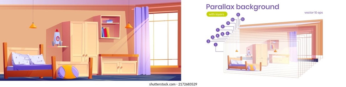 Parallax background kids bedroom for 2d game animation. Child room indoors with bed with pillows, cabinet, rocket toy and books on shelves, wooden furniture. Cozy vector interior, separated layers