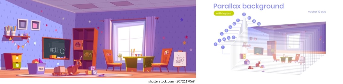 Parallax background kids playroom 2d interior. Nursery room with montessori toys, furniture, shelves and equipment for games and studying, separated layers, for game animation, Vector illustration