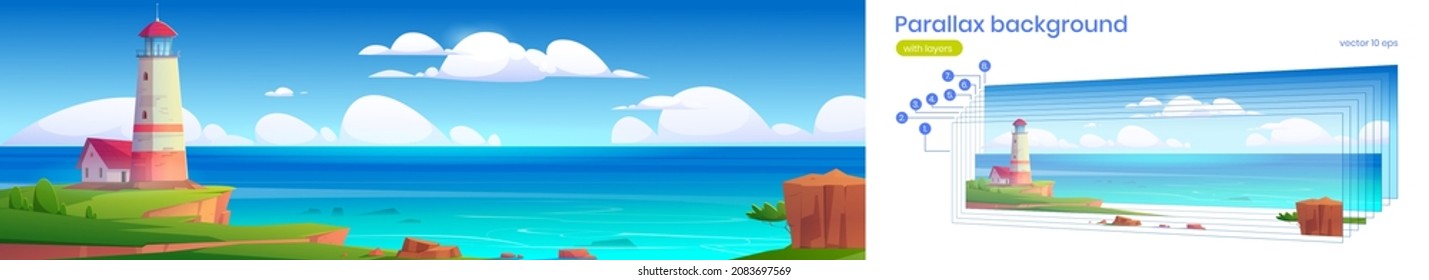 Parallax background lighthouse on sea shore. Beacon building at ocean landscape with blue water and rocky coast under cloudy sky, separated layers for 2d game animation, Cartoon vector illustration