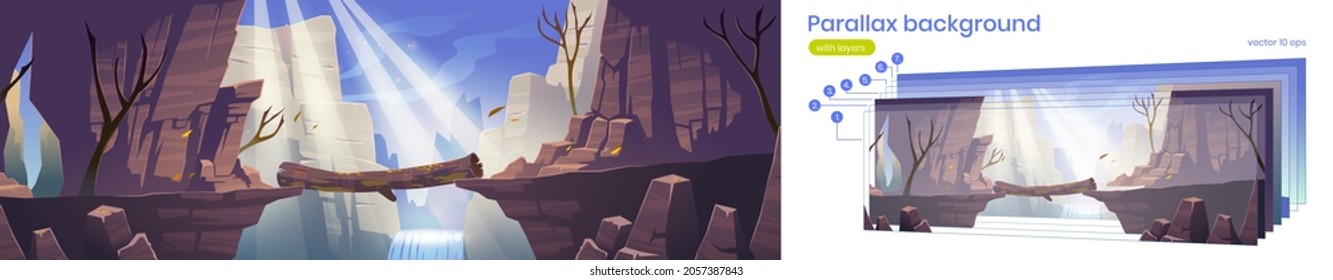 Parallax background log bridge between mountains above cliff in rock peaks 2d landscape with waterfall and trees. Beautiful nature cartoon view with separated layers for game scene Vector illustration