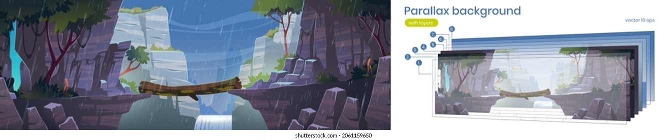 Parallax background log bridge between mountains above cliff at rainy weather. 2d landscape, beautiful nature cartoon scenery view, game animation with separated layers template, Vector illustration