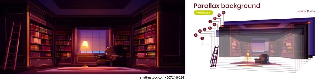 Parallax Background Luxury Old Library Interior At Night. 2d Dark Room For Reading With Books On Wooden Shelves, Ladder, Lamp, Cozy Armchair, Separated Layers For Game Animation, Vector Illustration