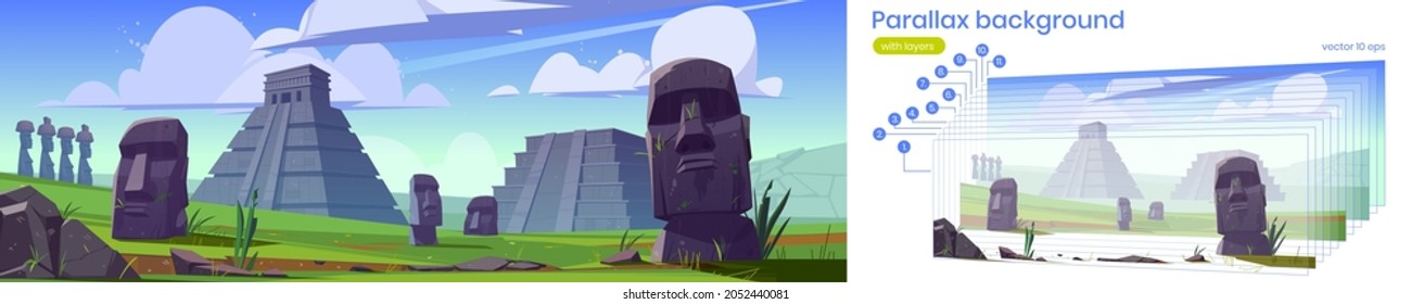 Parallax background Moai statues and pyramids 2d landscape for game, Easter Island republic of Chile travel famous landmarks and nature. Cartoon scene with monuments, separated Vector animation layers