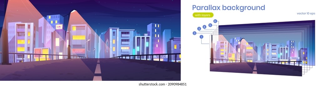Parallax background night city bridge view with glowing street lamps and skyscrapers. Urban architecture, infrastructure, buildings, separated layers for 2d game animation, Cartoon vector illustration