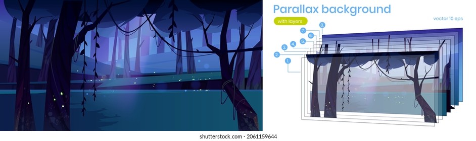 Parallax background night forest, nature 2d landscape, mysterious wood with moonlight glow and flying fireflies. Cartoon game scene with separated layers, scenery panoramic view, Vector illustration