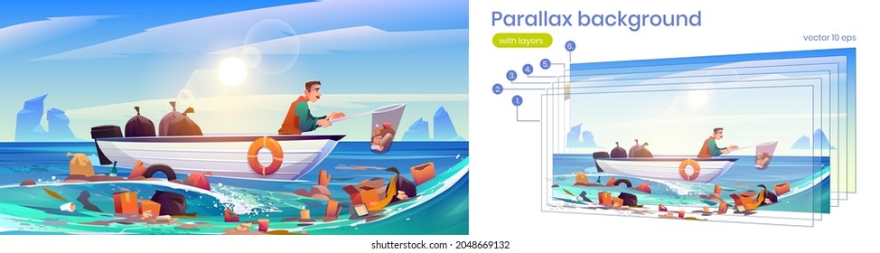 Fondo paralelo de limpieza de agua contaminada por el océano, hombre en bote de madera limpiando la superficie del mar capturando basura plástica con saltos. Problema de contaminación ecológica Animación 2d con capas Ilustración vectorial de dibujos animados