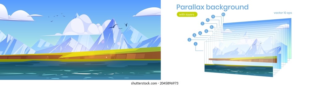 Parallax background, ocean or sea view with mountains and gulls in cloudy sky. Scenery nature landscape with separated layers. Summer seascape ui interface for animation, Cartoon vector illustration