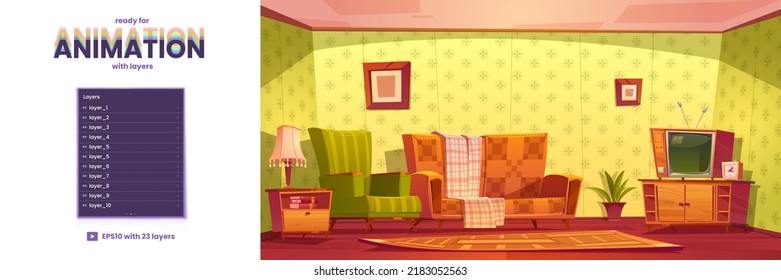 Sala de estar antigua con mobiliario y cosas de estilo retro. Animación de 2d juegos con sofá de capas separadas, mesa de noche de madera, sillón y tv antiguo, lámpara de mesa y plantilla vectorial de dibujos animados