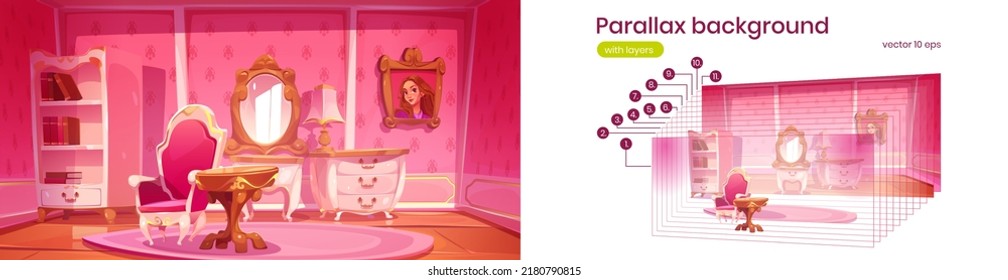 Parallax background pink princess living room. Cozy apartment interior with elegant retro furniture, cupboard, chair, table and mirror separated layers ready for animation, Cartoon vector illustration