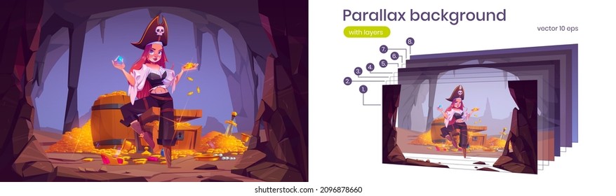 Parallax background pirate girl in treasure cave. Young filibuster woman with leg prosthesis in fantasy magic tomb, separated layers template for 2d adventure game animation, Vector illustration