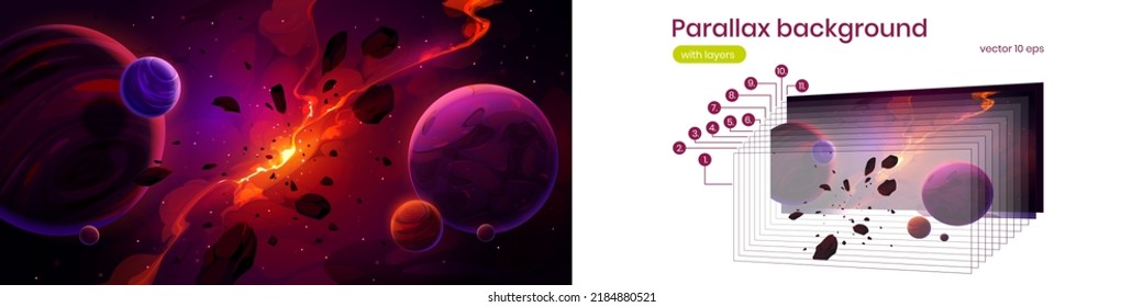 Parallax background planets in outer space with satellites, exploding star and glowing nebula in dark sky. Galaxy, cosmos, universe futuristic fantasy for 2d game animation Cartoon vector illustration