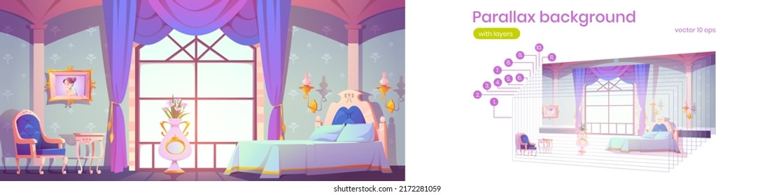 Parallax background princess royal bedroom for 2d game animation. Vintage room interior with elegant retro furniture, bed, cupboard, floral pattern wallpaper decor Vector illustration separated layers