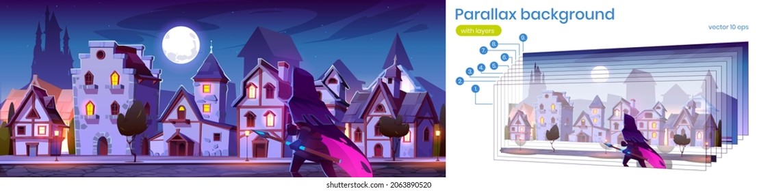 Parallax background ranger with magic spear at medieval city street with ancient buildings. Cartoon 2d cityscape, urban view with fantasy character and separated layers game scene, Vector illustration