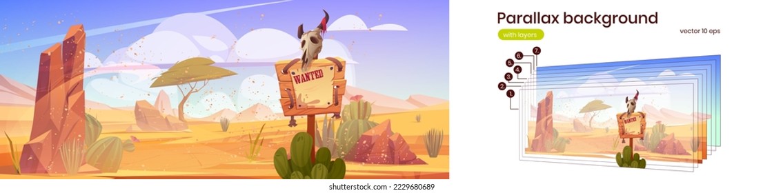 Parallax background sand storm in wild west desert landscape with wanted sign or banner, rocks, tree and cacti separated layers. Cartoon sidescroller template for western game, Vector illustration