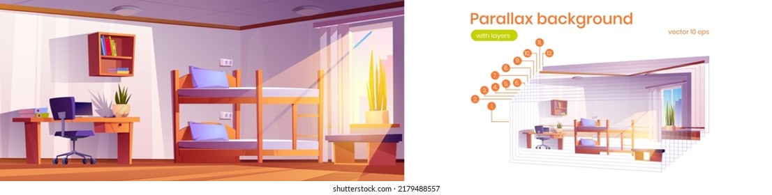 Parallax Background Student Dormitory With Bunk Bed, Computer On Desk, Chair And Bookshelf. Empty Interior Of College Or University Dorm 2d Game Animation Layers, Sidescroller Cartoon Vector Template