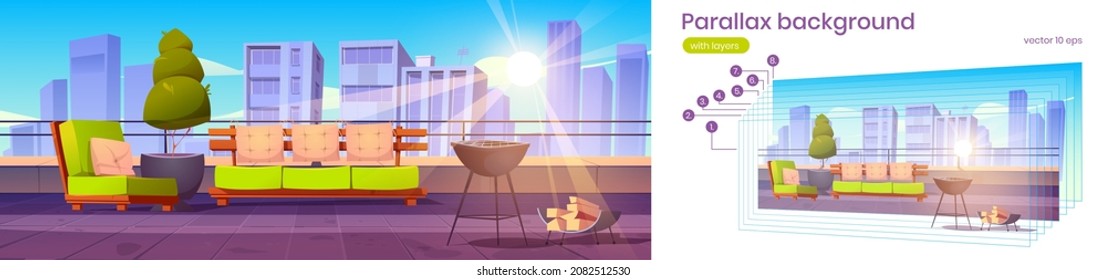 Parallax background summer cafe on roof, outdoor restaurant at rooftop terrace on city view. Empty patio with grill machine, comfy sofa 2d game animation with separated layers, Vector illustration