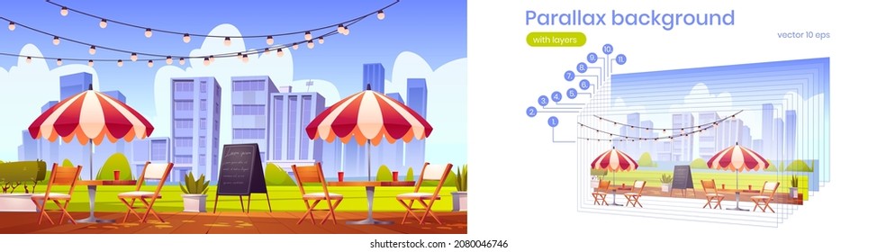 Parallax background summer cafe at outdoor terrace. City coffeehouse with wooden tables, chairs and umbrella. Street cafeteria on cityscape view, separated layers 2d game animation Vector illustration