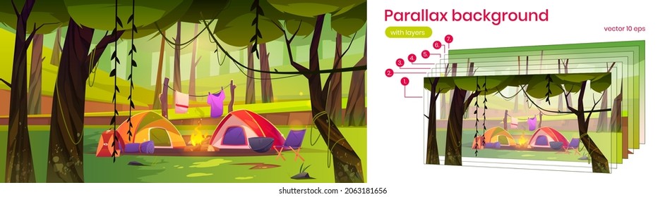 Parallax background summer camp with camping tents, campfire and tourist stuff in forest, 2d scenery nature landscape. Cartoon animation scene with separated layers for game, Vector illustration