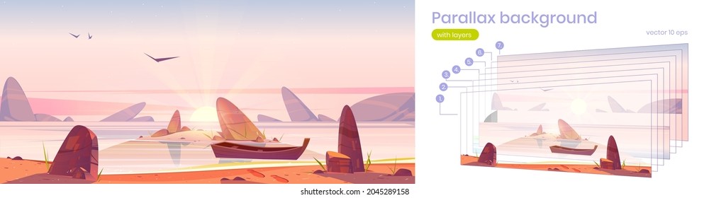 Parallax background, sunrise in ocean 2d nature landscape. Separated layers wooden boat moored to rocky shore, pink sky with shining sun, sea shallow in calm water surface, Cartoon vector illustration