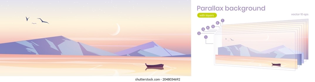 Parallax background, sunrise in ocean with boat 2d nature landscape. Separated layers wooden skiff floating under pink sky on calm water surface, sidescroller for game, Cartoon vector illustration