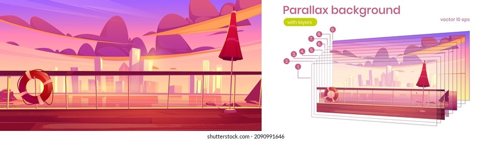 Parallax background sunset city skyline view form ship deck. Modern megapolis architecture near waterfront, skyscraper buildings 2d separated layers for game animation, Cartoon vector illustration