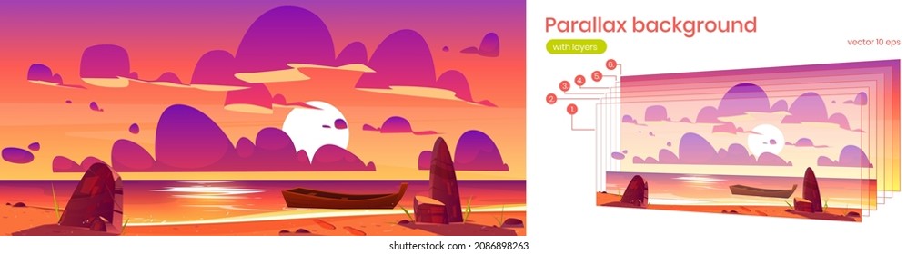 Parallax background, sunset in ocean with boat 2d nature landscape. Separated layers wooden moored to beach under colorful orange sky with purple clouds, sidescroller for game, Cartoon vector scene