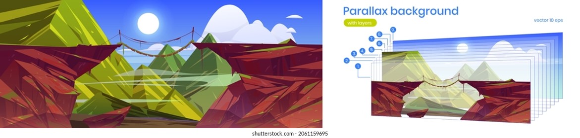 Parallax Background Suspended Bridge Hang Above Steep Mountain Cliff, Green Rocky 2d Landscape Cartoon Beautiful Nature Scenery Summer View With Separated Layers For Game Animation Vector Illustration