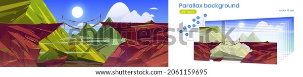 Parallax background suspended bridge hang\
above steep mountain cliff, green rocky 2d landscape Cartoon\
beautiful nature scenery summer view with separated layers for game\
animation Vector\
illustration