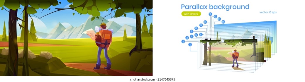 Parallax background traveler with map stand at beautiful landscape with forest, valley and mountain peaks. Travel journey, hiking adventure template for 2d game animation, Cartoon vector illustration