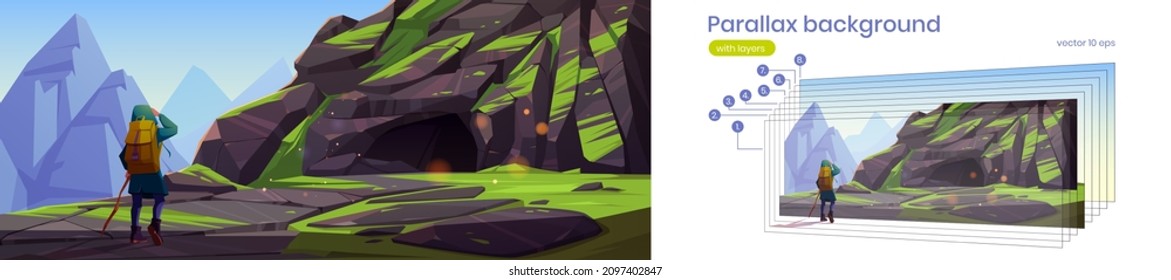 Parallax background traveler at mountains 2d landscape with separated layers. Tourist with backpack stand at rocks look into the distance, interface template for game animation, Vector illustration