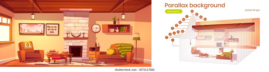 Parallax background wild west living room 2d interior with western rustic style furniture, fireplace, couch, armchair, table, cow skin on floor separated layers for game animation, Vector illustration