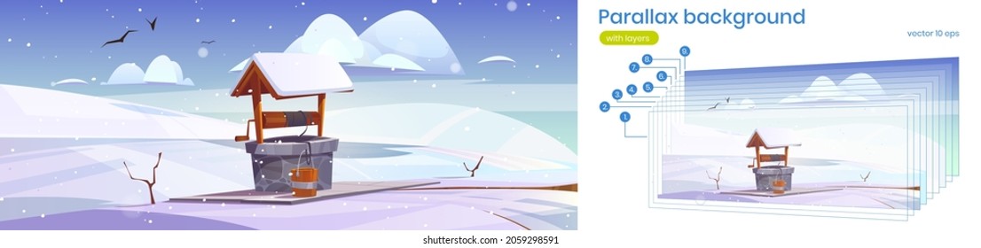 Parallax background winter 2d landscape with old stone well with drinking water on snowy hill. Wintertime nature cartoon scenery view with separated layers, animation for game, Vector illustration