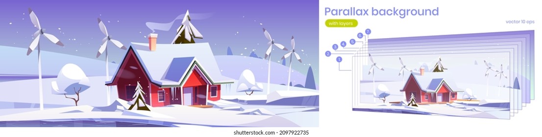 Parallax background winter 2d landscape with house and wind turbines. Cartoon vector scene with separated layers for game animation with Eco friendly home and power generation windmills in snow