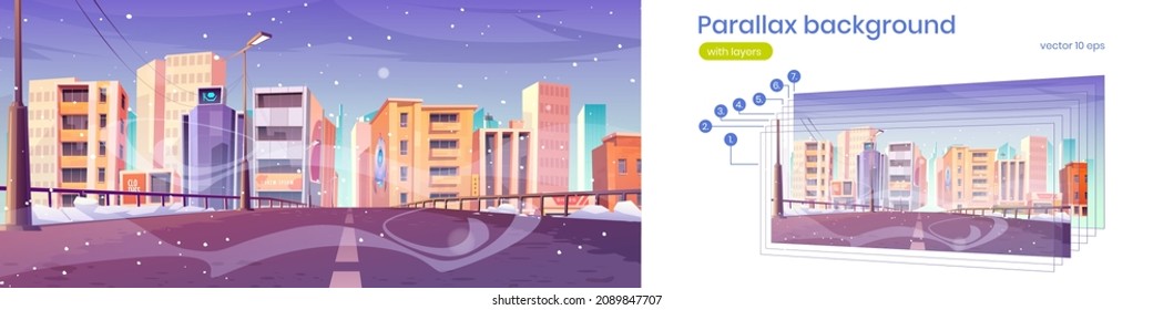 Parallax background winter bridge city view street. Urban architecture, megapolis infrastructure with skyscrapers under falling snow, separated layers for 2d game animation Cartoon vector illustration