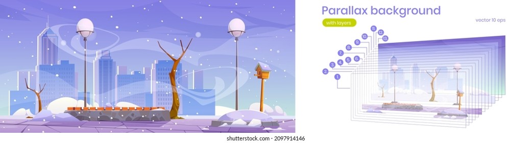 Parallax background winter city park with wooden bench, bare trees, blizzard and snowdrifts. Urban empty public garden landscape with separated layers for 2d game animation, Vector illustration