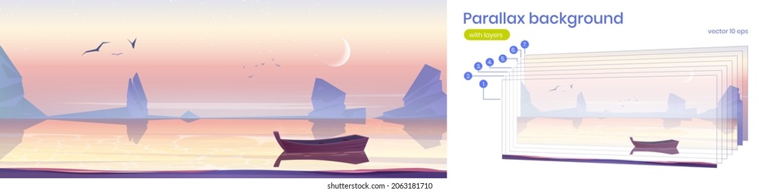 Parallax background wooden boat on sea 2d landscape. Picturesque nature with lonely skiff floating on calm water at early morning scenery cartoon view with separated layers for game, Vector backdrop