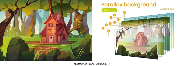 Parallax background wooden house in summer forest. Old shack in deep wood 2d nature landscape. Cartoon scenery view with forester or witch hut separated layers for game scene, Vector illustration
