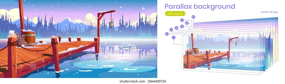 Parallax background wooden pier on winter lake, pond or river 2d landscape, wintertime nature snowflakes fall on water cartoon scenery view with separated layers for game scene, Vector illustration