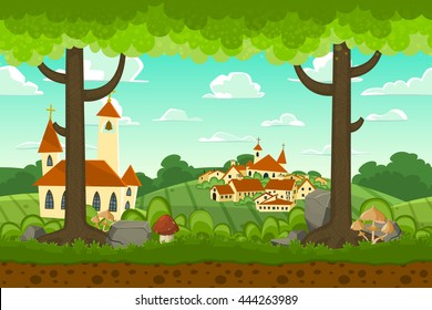 Parallax cartoon country horizontal landscape, nature vector illustration. Seamless background with trees, village,church and fields for 2d games.