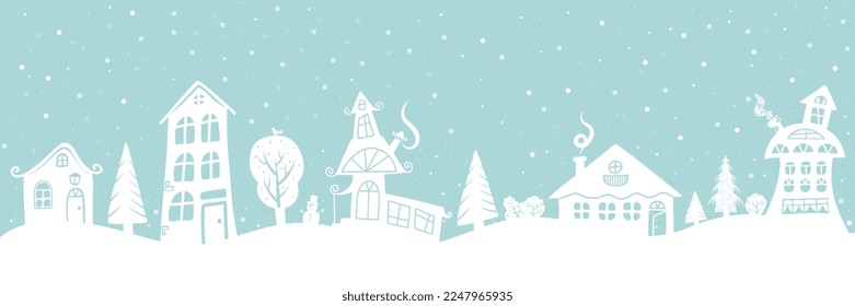 Parallax Christmas background. Fairy tale cartoon winter landscape. Seamless border. White houses and fir trees on a light blue background. Winter village. Vector illustration