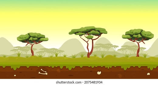 Parallax forest fantasy landscape with tree grass, sky, soil seamless in cartoon style. Tropical warm scene. Ui game background, horizontal.