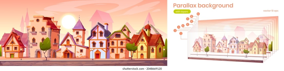 Parallax game background medieval town street with old european buildings. Cartoon 2d cityscape separated layers for game with vintage half-timbered facade of houses along road, Vector panoramic scene