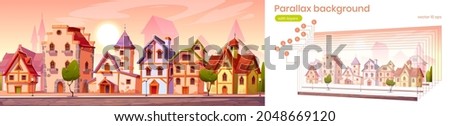 Similar – Image, Stock Photo Old facade of a residential house with crumbling plaster, pointed gable and garage in front of blue sky in the sunshine in Wettenberg Krofdorf-Gleiberg near Giessen in Hesse, Germany