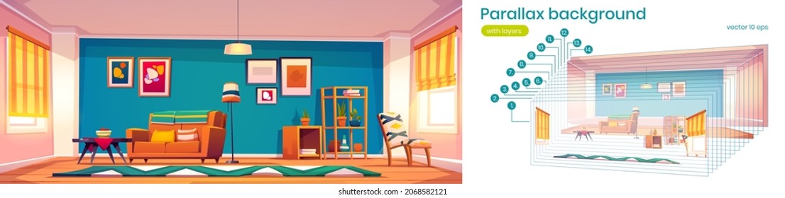 Parallax game background with modern living room interior with sofa, shelves and coffee table. 2d cartoon dwelling or hotel with furniture, home apartment design separated layers, Vector illustration