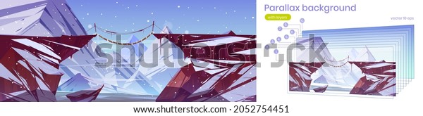 Parallax game background winter 2d layered\
landscape with mountain suspended rope bridge above deep cliff\
under falling snow. Scenery rocky nature view, panoramic interface\
Cartoon vector\
illustration