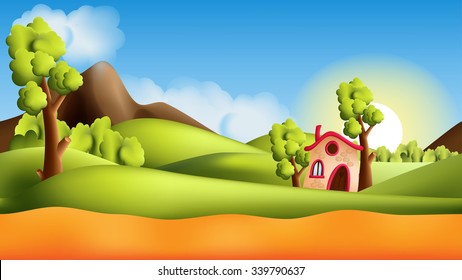Parallax landscape cartoon seamless repeating background with additional elements